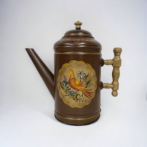 Vtg Toleware Metal Coffee Tea Pot lid Hand Painted Brown Bird Signed - Read